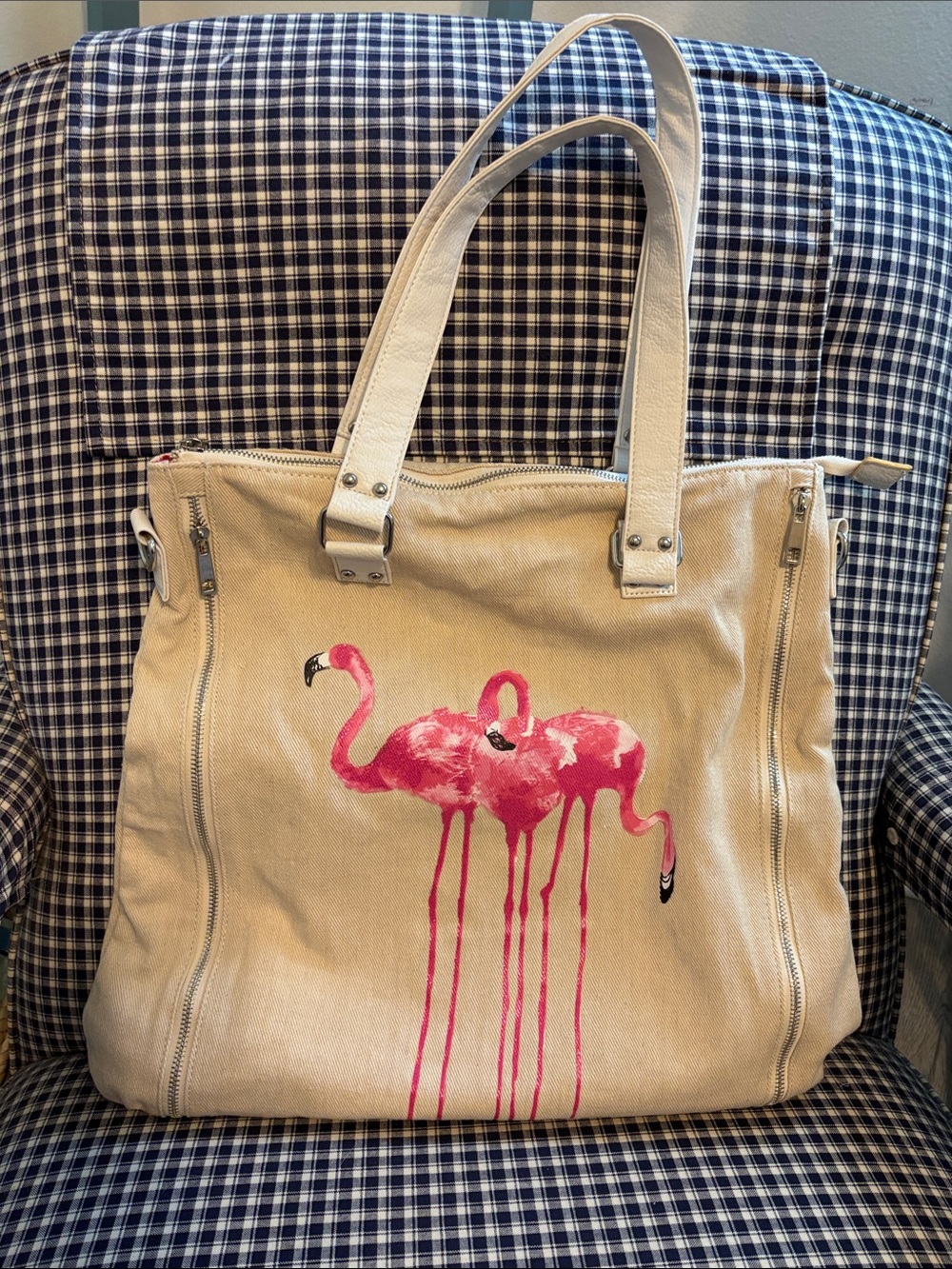 Icing Beige Canvas Tote with Pink Flamingo Print